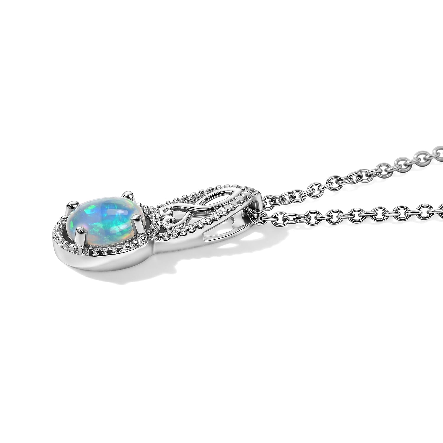 D'Joy Ethiopian Welo Opal 0.90 ctw Pendant in Rhodium Over Sterling Silver with Stainless Steel Necklace 20 Inches
