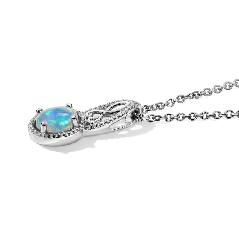 D'Joy Ethiopian Welo Opal 0.90 ctw Pendant in Rhodium Over Sterling Silver with Stainless Steel Necklace 20 Inches