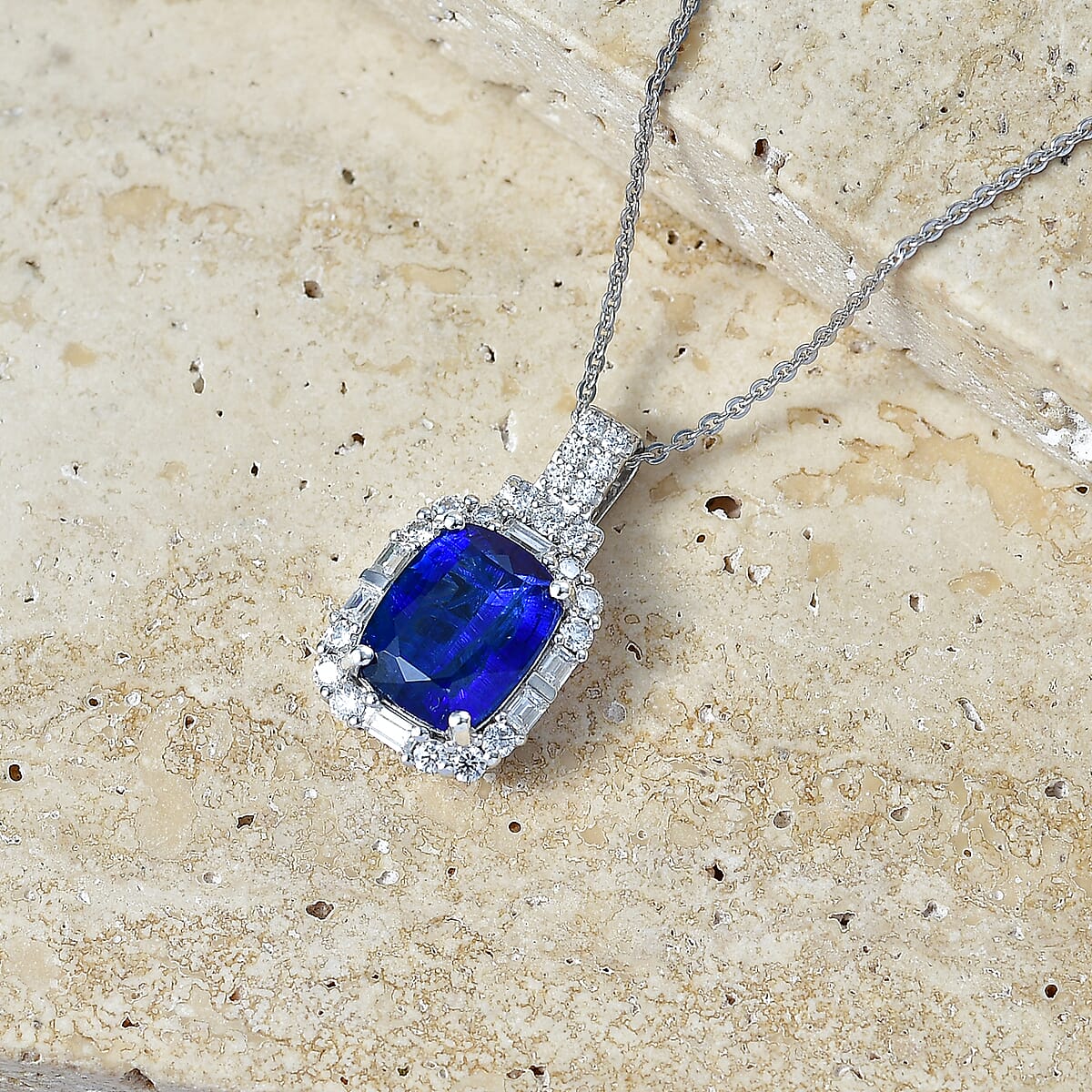 D'Joy Premium Kashmir Kyanite and Moissanite 4.20 ctw Pendant Necklace (18 Inches) in Rhodium Over Sterling Silver image number 1