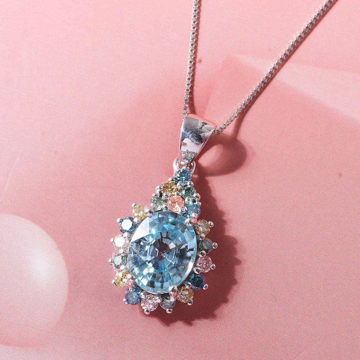 Premium Cambodian Blue Zircon, Luxuriant Lab Grown Multi Diamond (SI) 4.75 ctw Ocean Rainbow Halo Pendant Necklace in Rhodium Over Sterling Silver (18 Inches) image number 1