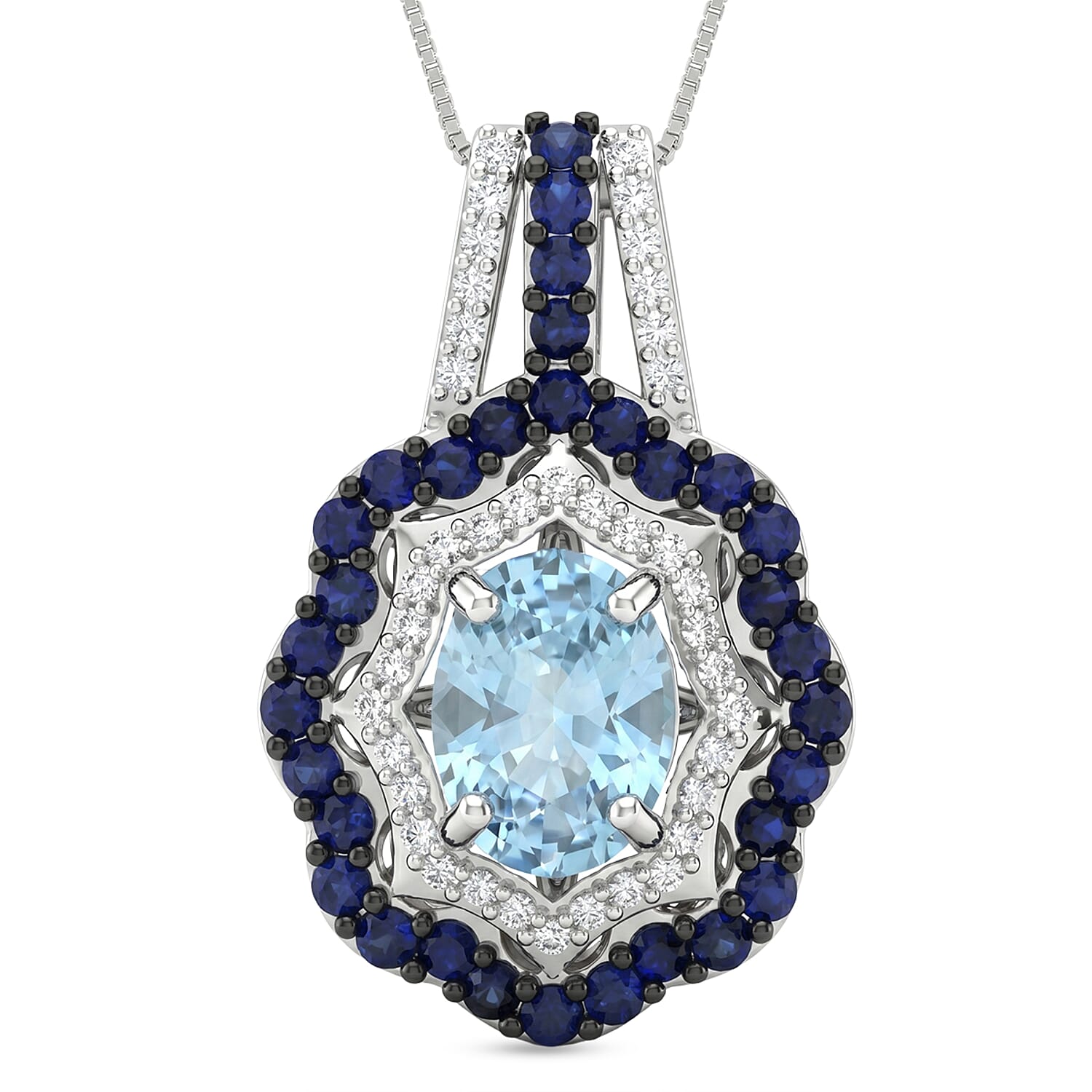 D'Joy Premium Cambodian Blue Zircon and Multi Gemstone 2.80 ctw Midnight Ocean Halo Pendant Necklace in Rhodium Over Sterling Si