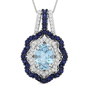 D'Joy Premium Cambodian Blue Zircon and Multi Gemstone 3.15 ctw Midnight Ocean Halo Pendant Necklace in Rhodium Over Sterling Silver (18 Inches)