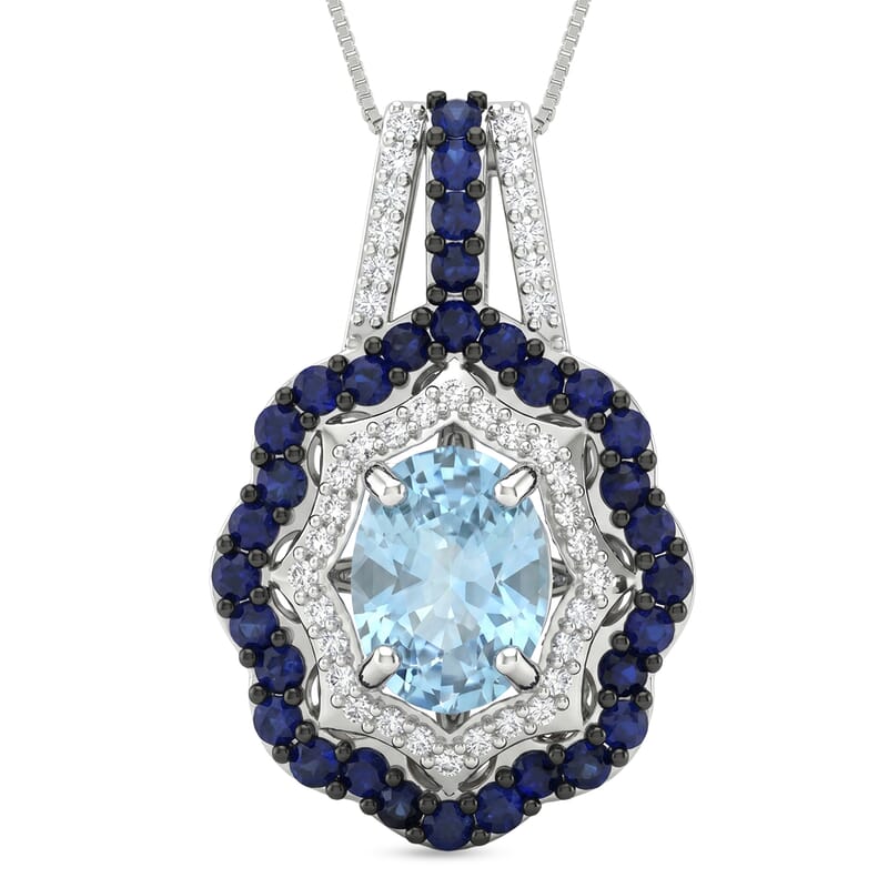 D'Joy Premium Cambodian Blue Zircon and Multi Gemstone 2.80 ctw Midnight Ocean Halo Pendant Necklace in Rhodium Over Sterling Silver (18 Inches)