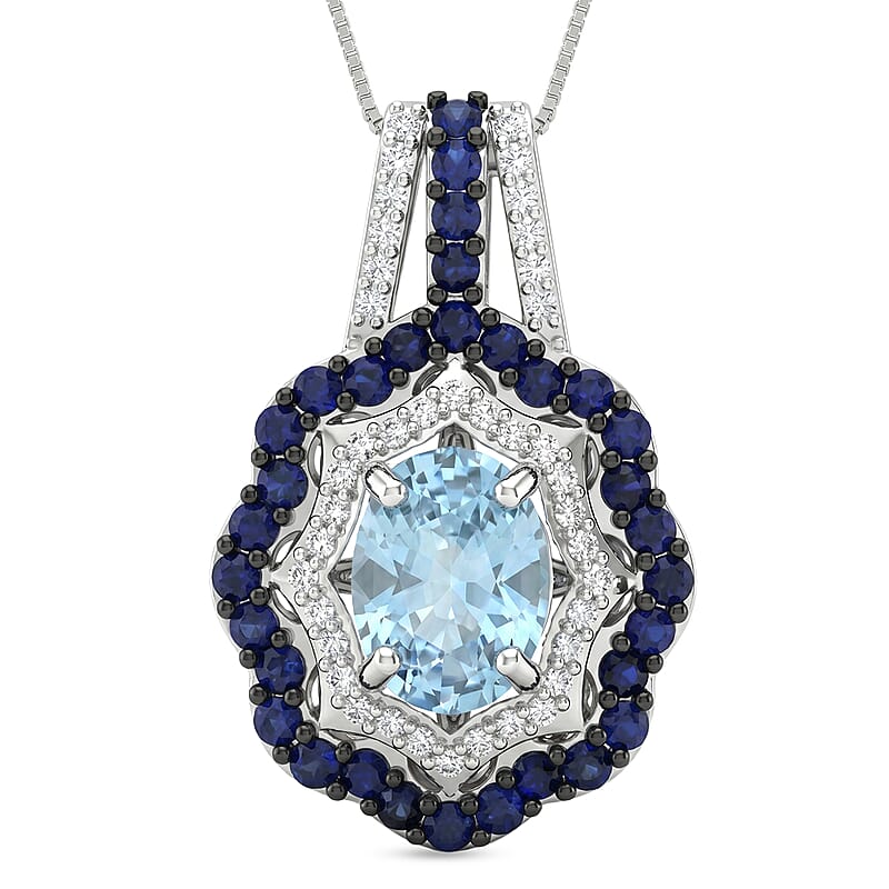 D'Joy Premium Cambodian Blue Zircon and Multi Gemstone 2.80 ctw Midnight Ocean Halo Pendant Necklace in Rhodium Over Sterling Silver (18 Inches)