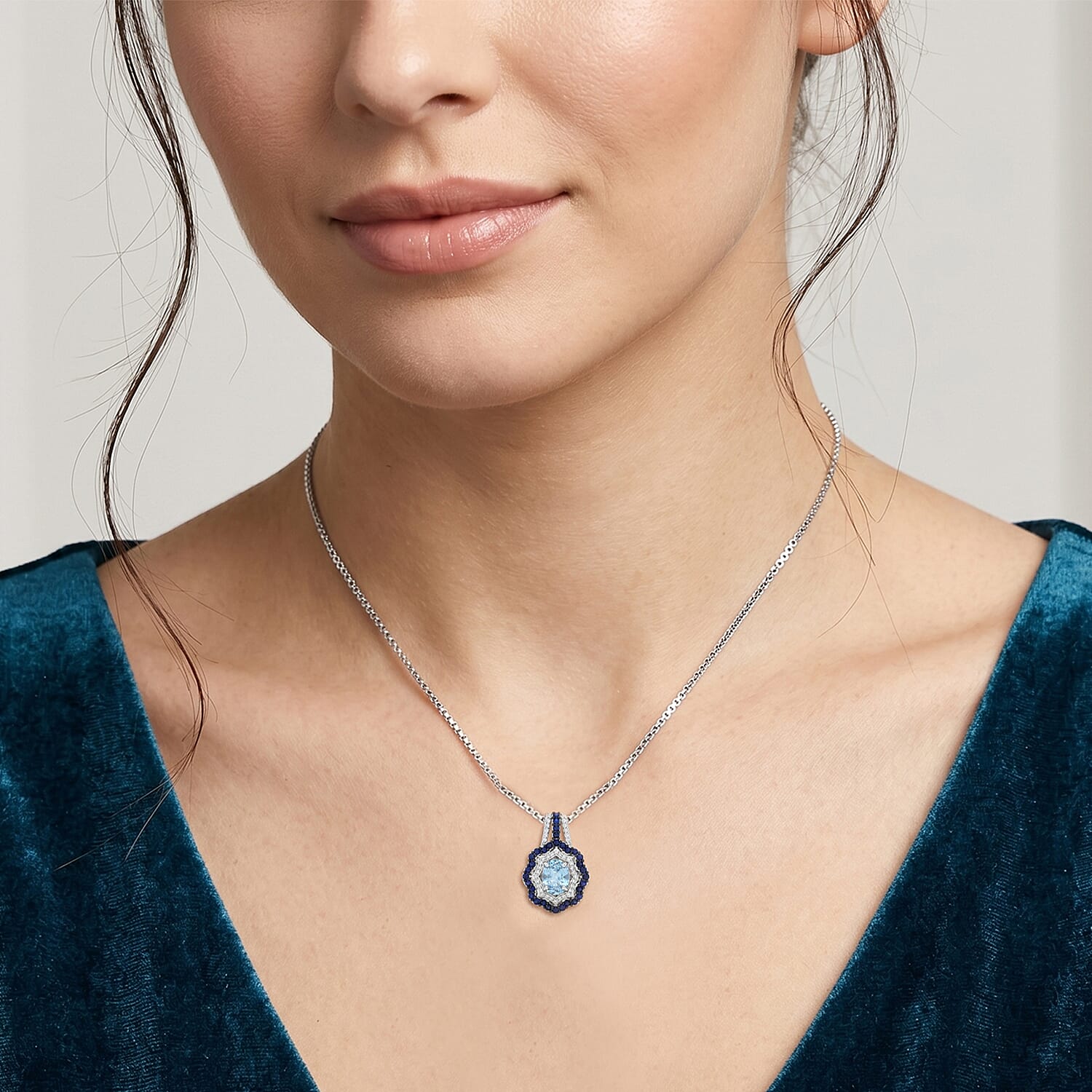 D'Joy Premium Cambodian Blue Zircon and Multi Gemstone 2.80 ctw Midnight Ocean Halo Pendant Necklace in Rhodium Over Sterling Silver (18 Inches)