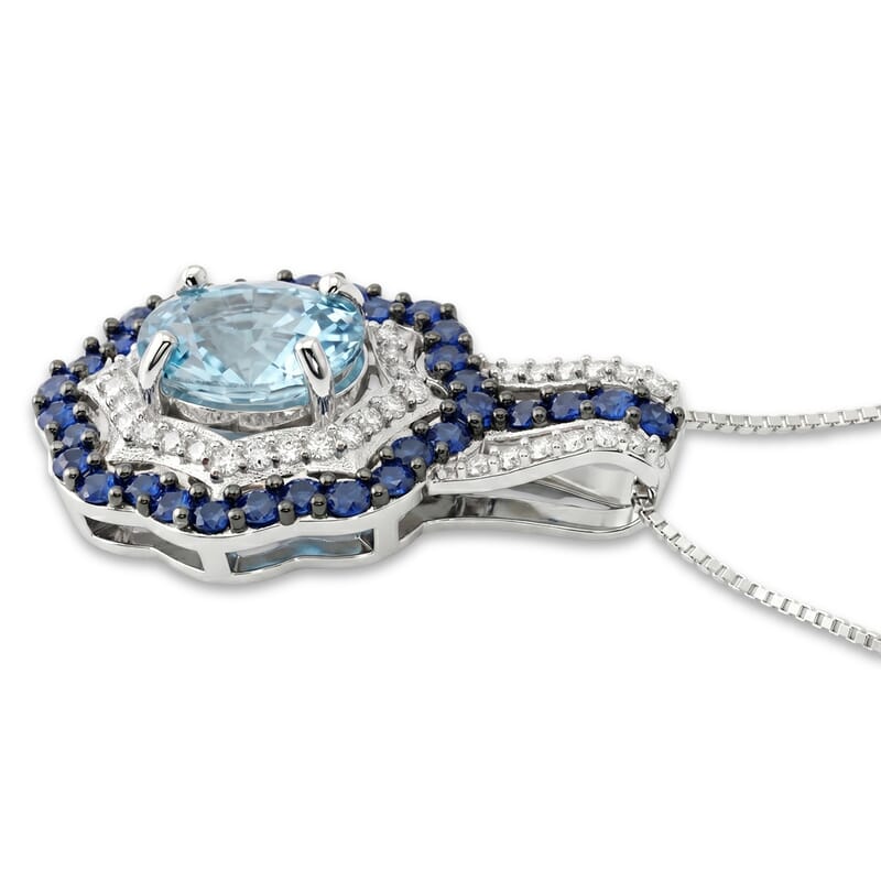 D'Joy Premium Cambodian Blue Zircon and Multi Gemstone 2.80 ctw Midnight Ocean Halo Pendant Necklace in Rhodium Over Sterling Silver (18 Inches)