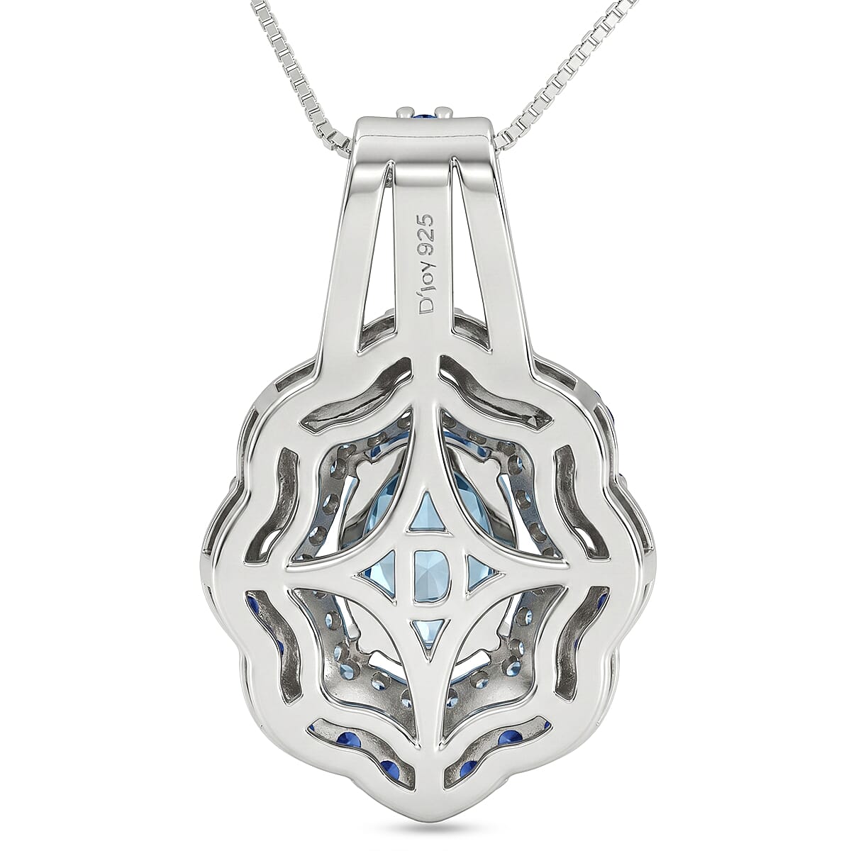 D'Joy Premium Cambodian Blue Zircon and Multi Gemstone 3.15 ctw Midnight Ocean Halo Pendant Necklace in Rhodium Over Sterling Silver (18 Inches) image number 4