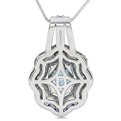 D'Joy Premium Cambodian Blue Zircon and Multi Gemstone 2.80 ctw Midnight Ocean Halo Pendant Necklace in Rhodium Over Sterling Silver (18 Inches)