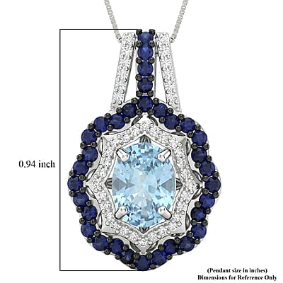 D'Joy Premium Cambodian Blue Zircon and Multi Gemstone 2.80 ctw Midnight Ocean Halo Pendant Necklace in Rhodium Over Sterling Silver (18 Inches)