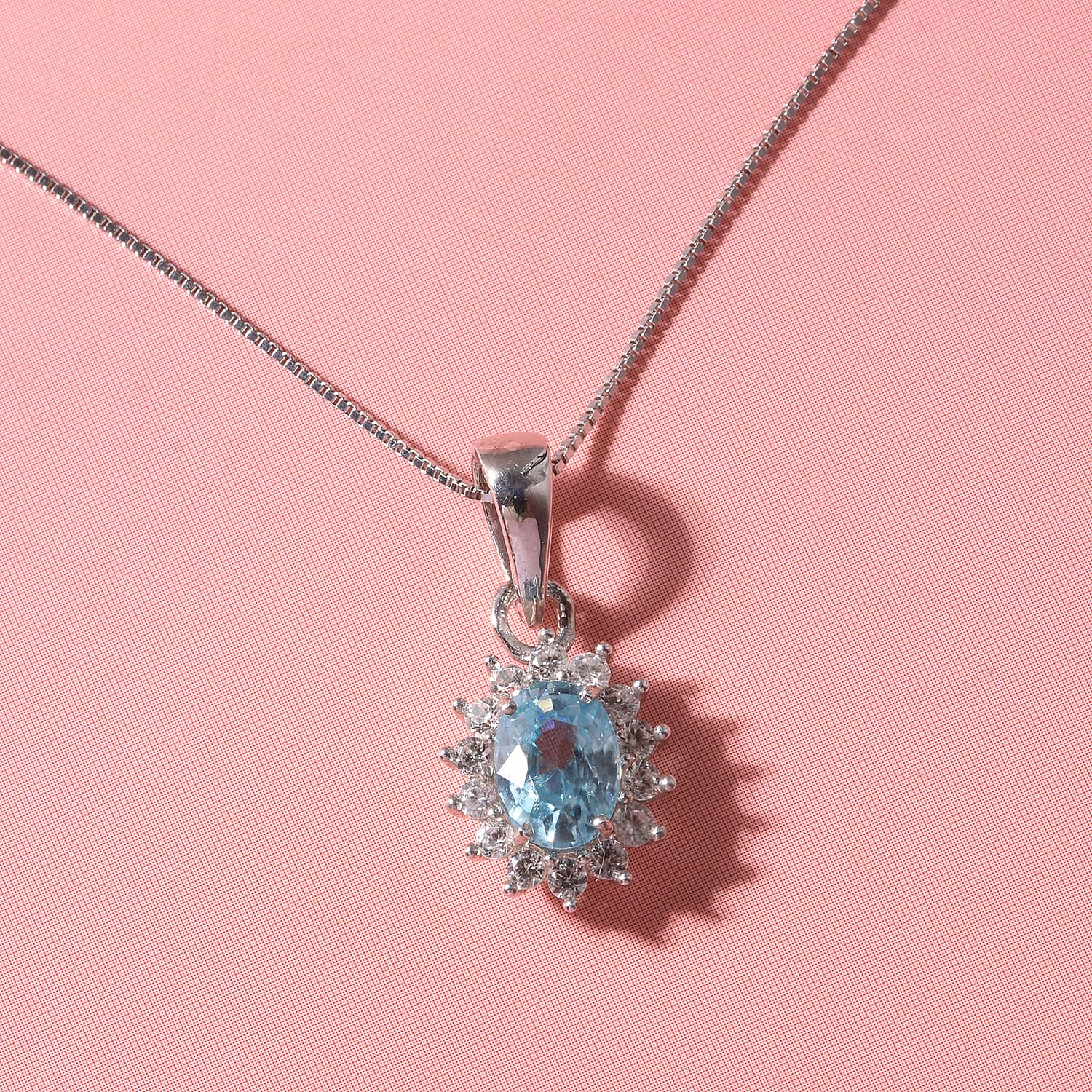 D'Joy Premium Cambodian Blue Zircon and White Zircon 1.75 ctw Ocean Bloom Pendant in Rhodium Over Sterling Silver with Stainless Steel Necklace 20 Inches