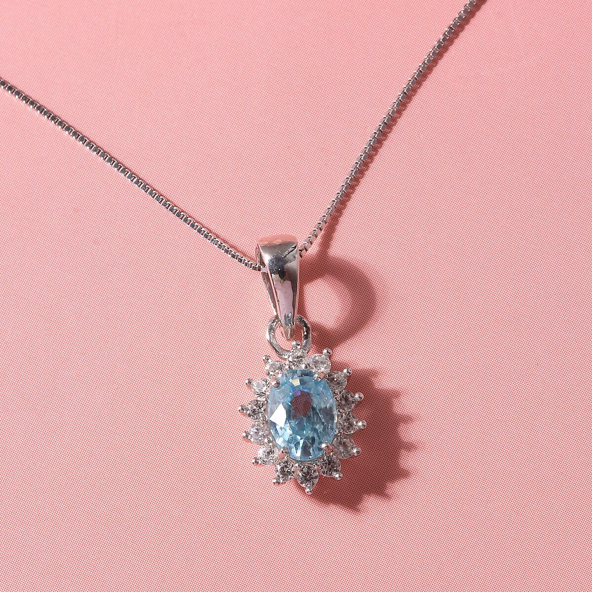D'Joy Premium Cambodian Blue Zircon and White Zircon 1.75 ctw Ocean Bloom Pendant in Rhodium Over Sterling Silver with Stainless Steel Necklace 20 Inches image number 1