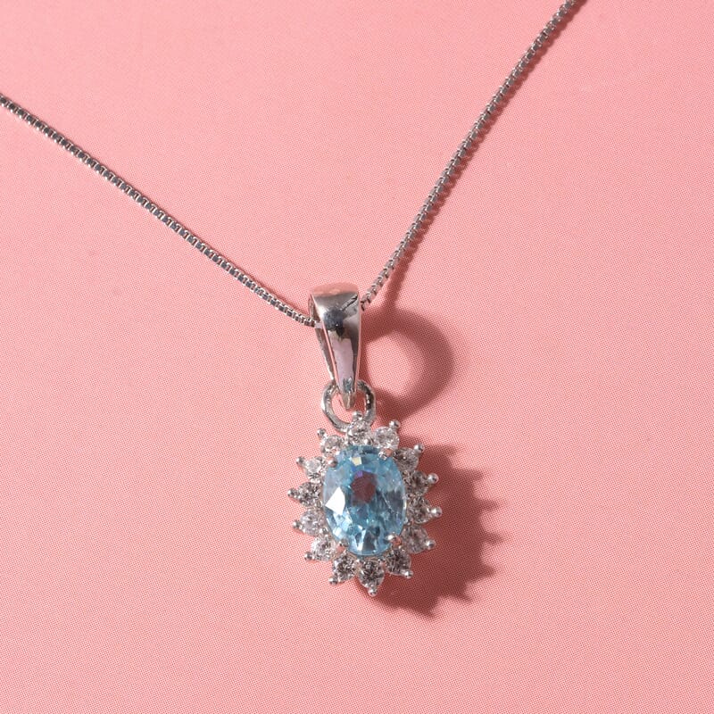 D'Joy Premium Cambodian Blue Zircon and White Zircon 1.75 ctw Ocean Bloom Pendant in Rhodium Over Sterling Silver with Stainless Steel Necklace 20 Inches