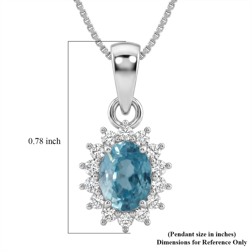 D'Joy Premium Cambodian Blue Zircon and White Zircon 1.75 ctw Ocean Bloom Pendant in Rhodium Over Sterling Silver with Stainless Steel Necklace 20 Inches