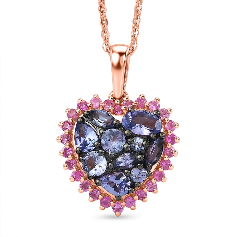 Doorbuster D'Joy Tanzanite and Premium Madagascar Pink Sapphire 1.70 ctw Twilight Heart Pendant Necklace in 18K Vermeil Rose Gold Over Sterling Silver 20 Inches