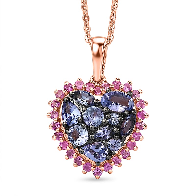 D'Joy Tanzanite and Premium Madagascar Pink Sapphire 1.70 ctw Twilight Heart Pendant Necklace in 18K Vermeil Rose Gold Over Sterling Silver 20 Inches