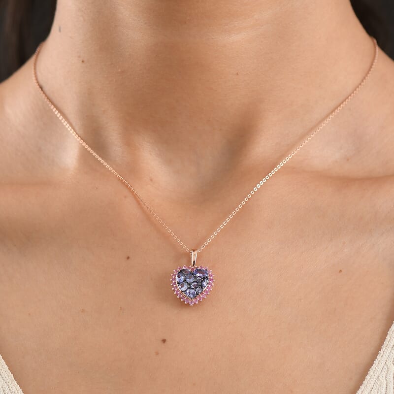 Doorbuster D'Joy Tanzanite and Premium Madagascar Pink Sapphire 1.70 ctw Twilight Heart Pendant Necklace in 18K Vermeil Rose Gold Over Sterling Silver 20 Inches