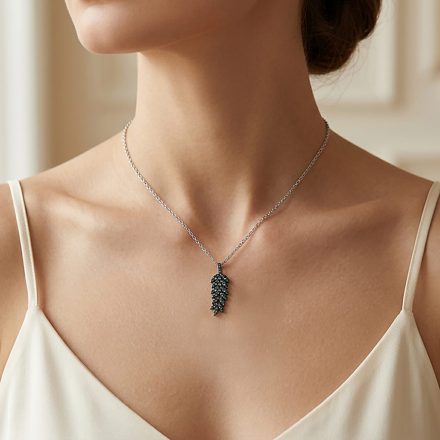 Luxuriant Lab Grown Green Diamond (SI) 0.50 ctw Verdant Leaf Wrap Pendant Necklace (20 Inches) in Rhodium Over Sterling Silver