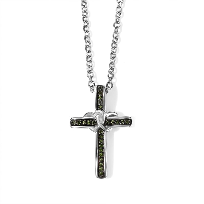 Luxuriant Lab Grown Green Diamond (SI) 0.10 ctw Verdant Eternal Knot Cross Pendant  Rhodium Over Sterling Silver with Stainless Steel Necklace (20 Inches)