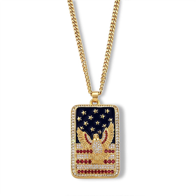 Simulated White and Red Diamond, Enameled American Patriotic Eagle Dog Tag Pendant Necklace (20 Inches) in Goldtone