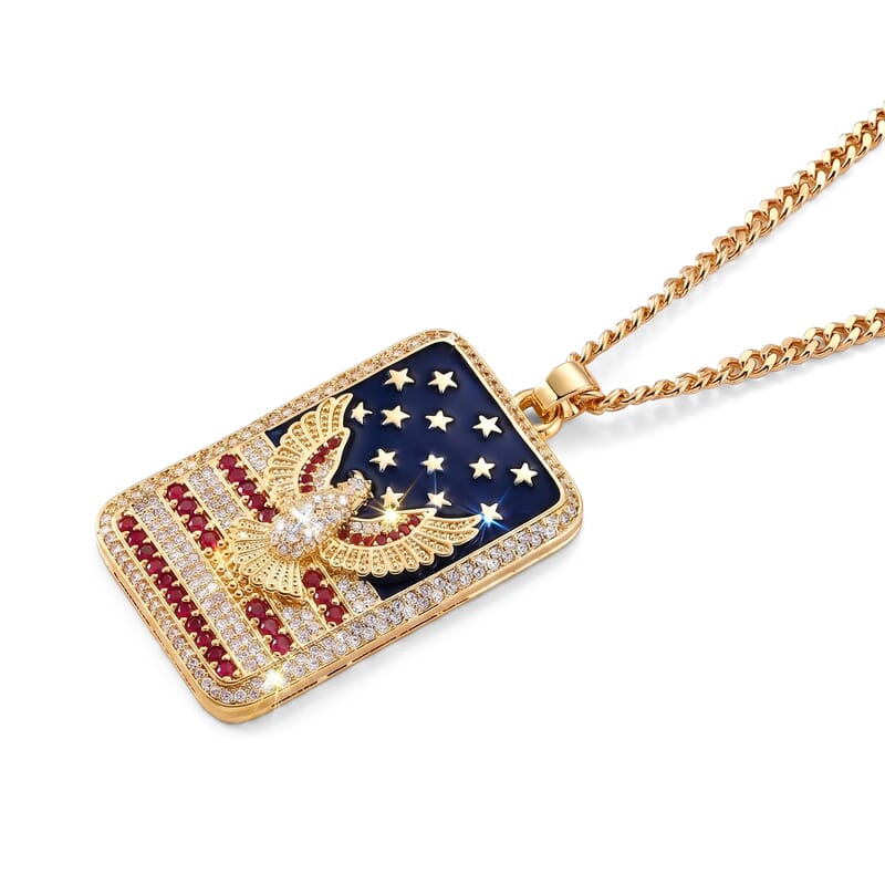 Simulated White and Red Diamond, Enameled American Patriotic Eagle Dog Tag Pendant Necklace (20 Inches) in Goldtone