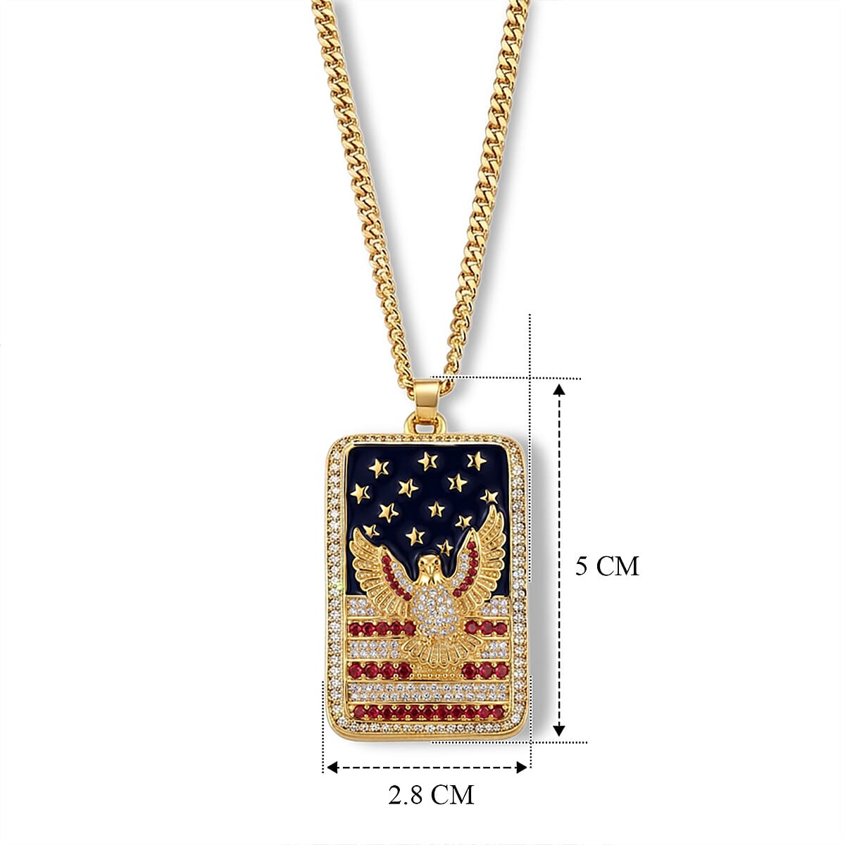 Simulated White and Red Diamond, Enameled American Patriotic Eagle Dog Tag Pendant Necklace (20 Inches) in Goldtone image number 5