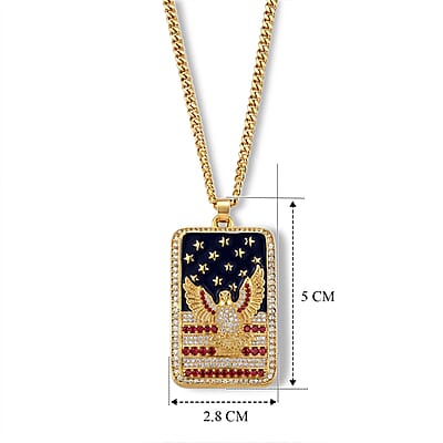Simulated White and Red Diamond, Enameled American Patriotic Eagle Dog Tag Pendant Necklace (20 Inches) in Goldtone