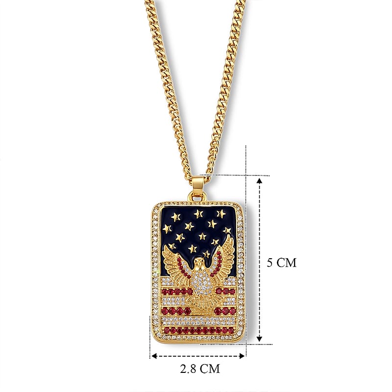 Simulated White and Red Diamond, Enameled American Patriotic Eagle Dog Tag Pendant Necklace (20 Inches) in Goldtone