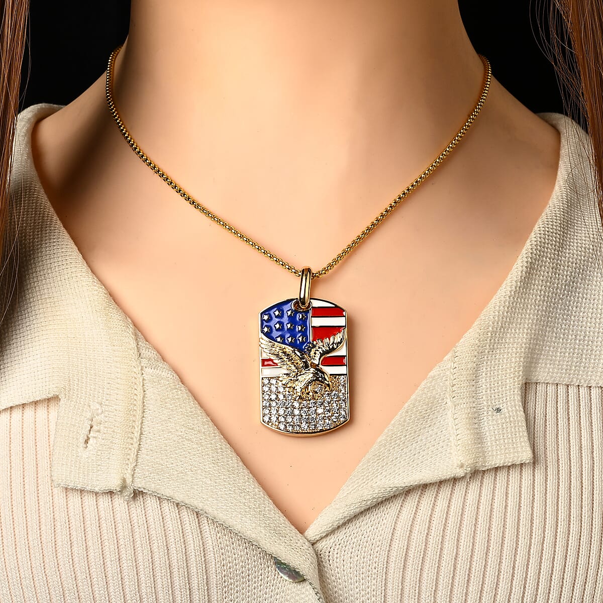 Simulated Diamond and Enameled American Flag Eagle Dog Tag Pendant Necklace (20 Inches) in Goldtone image number 1