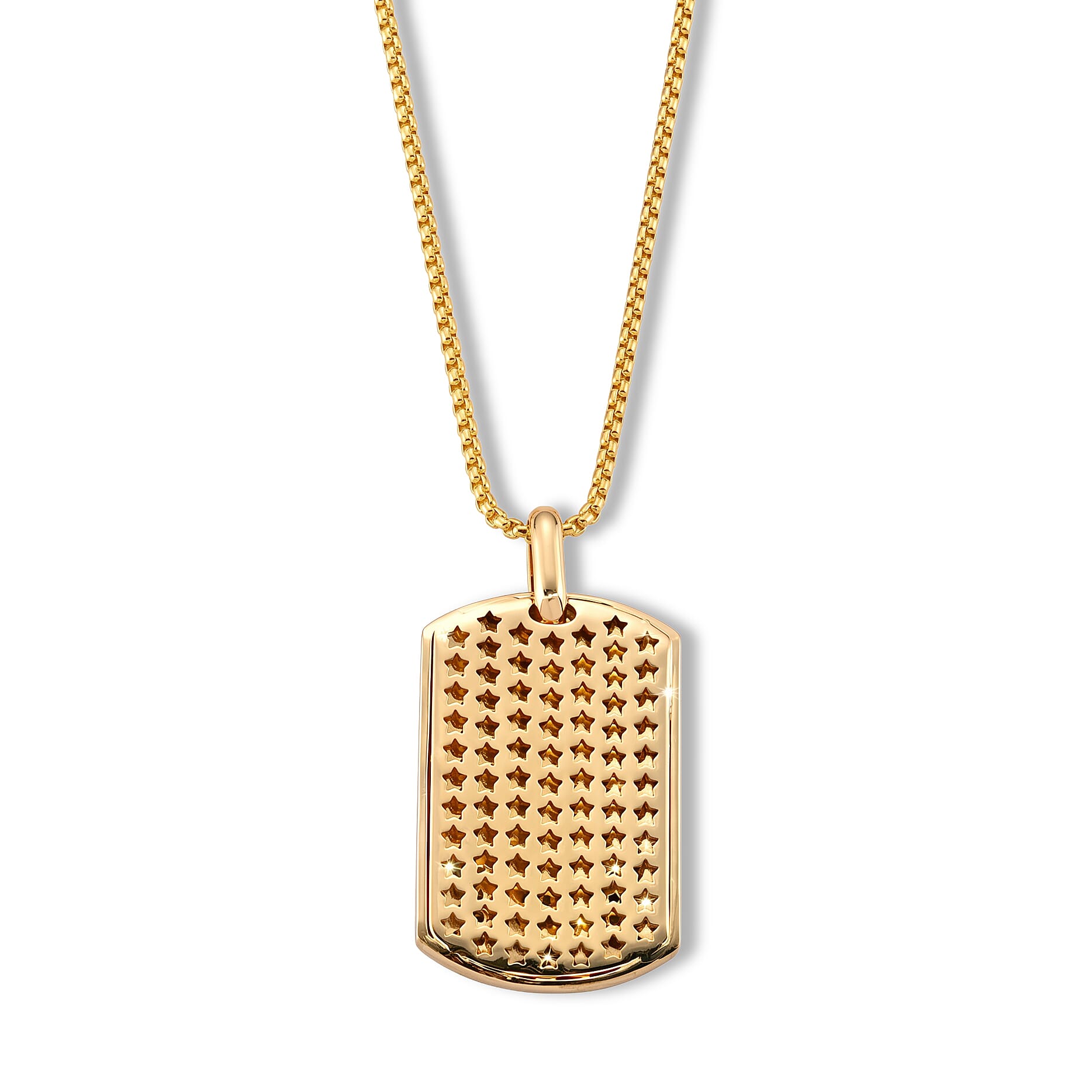 Simulated Diamond and Enameled American Flag Eagle Dog Tag Pendant Necklace (20 Inches) in Goldtone