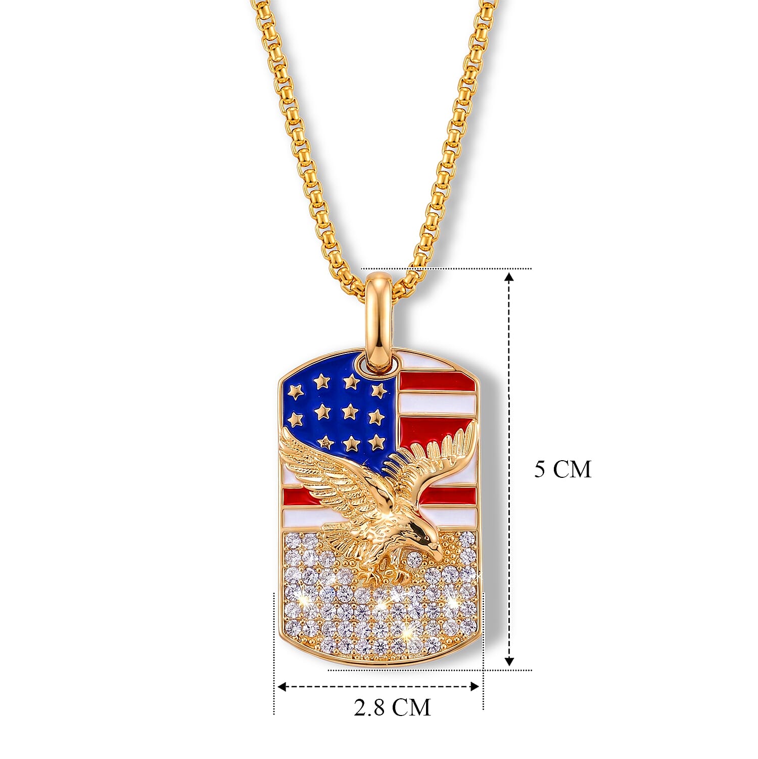 Simulated Diamond and Enameled American Flag Eagle Dog Tag Pendant Necklace (20 Inches) in Goldtone
