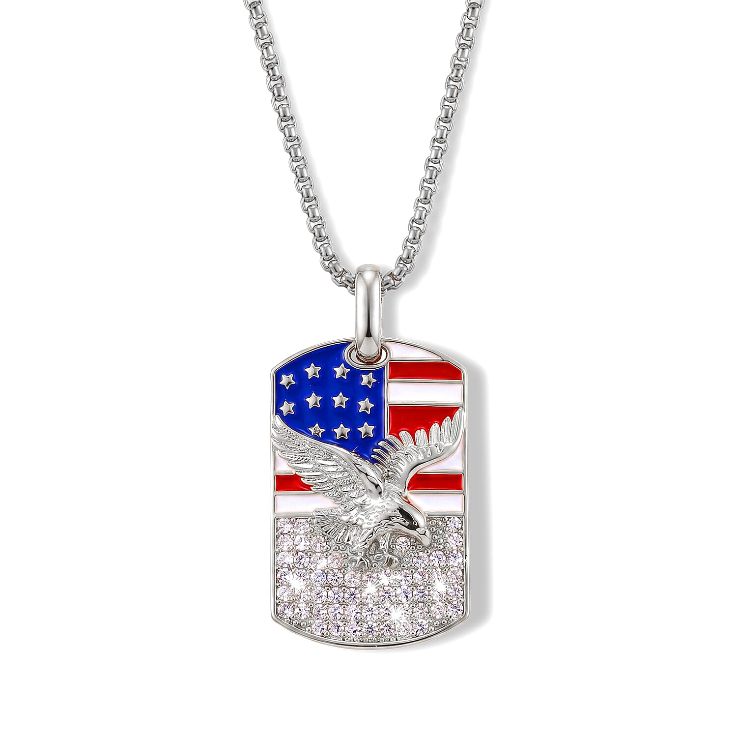 Simulated Diamond and Enameled American Flag Eagle Dog Tag Pendant Necklace (20 Inches) in Silvertone