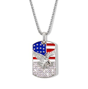 Simulated Diamond and Enameled American Flag Eagle Dog Tag Pendant Necklace (20 Inches) in Silvertone