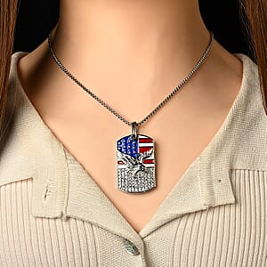 Simulated Diamond and Enameled American Flag Eagle Dog Tag Pendant Necklace (20 Inches) in Silvertone