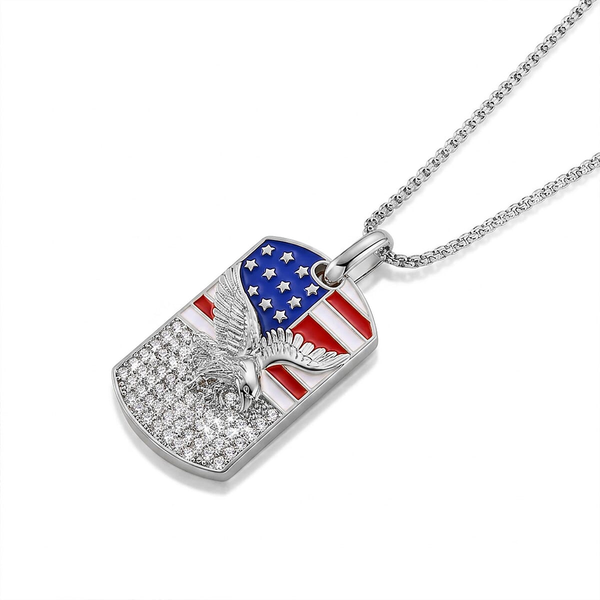 Simulated Diamond and Enameled American Flag Eagle Dog Tag Pendant Necklace (20 Inches) in Silvertone image number 2