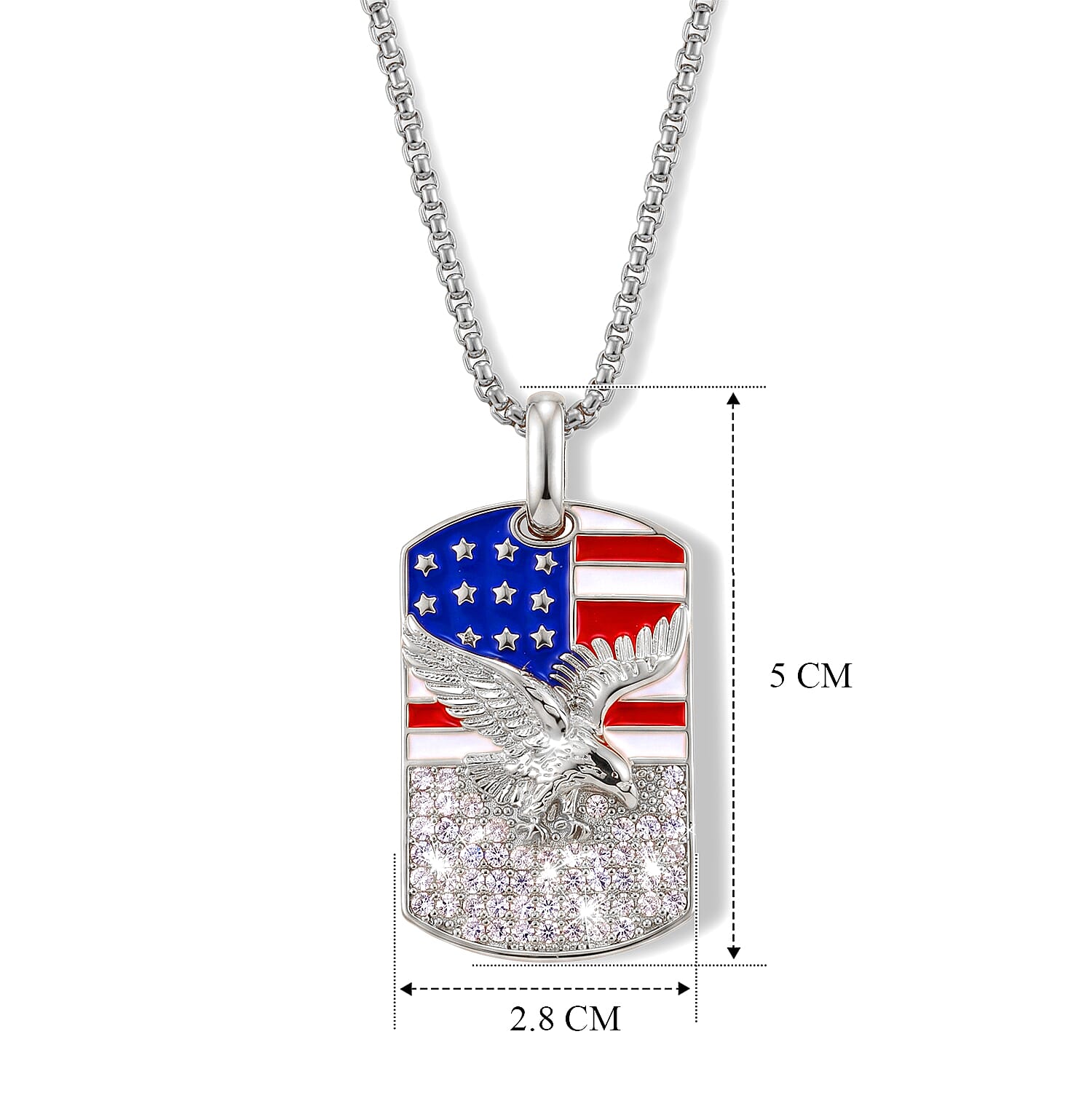 Simulated Diamond and Enameled American Flag Eagle Dog Tag Pendant Necklace (20 Inches) in Silvertone