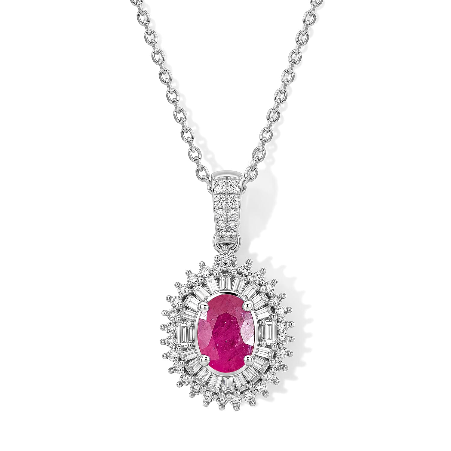AAA Mozambique Ruby and Luxuriant Lab Grown Diamond G-H SI 1.80 ctw Regal Radiance Pendant Necklace in Rhodium Over Sterling Silver (20 Inches)