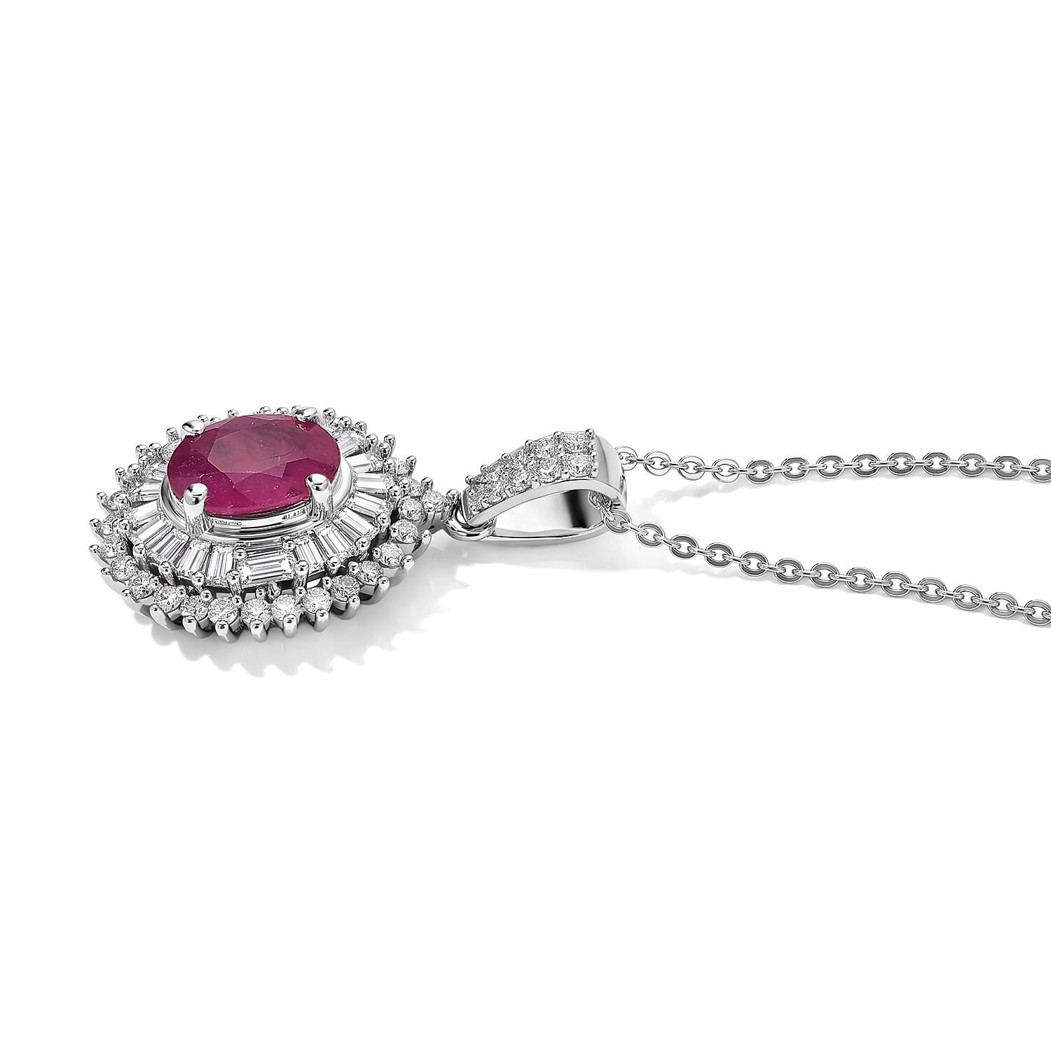 AAA Mozambique Ruby and Luxuriant Lab Grown Diamond G-H SI 1.80 ctw Regal Radiance Pendant Necklace in Rhodium Over Sterling Silver (20 Inches)