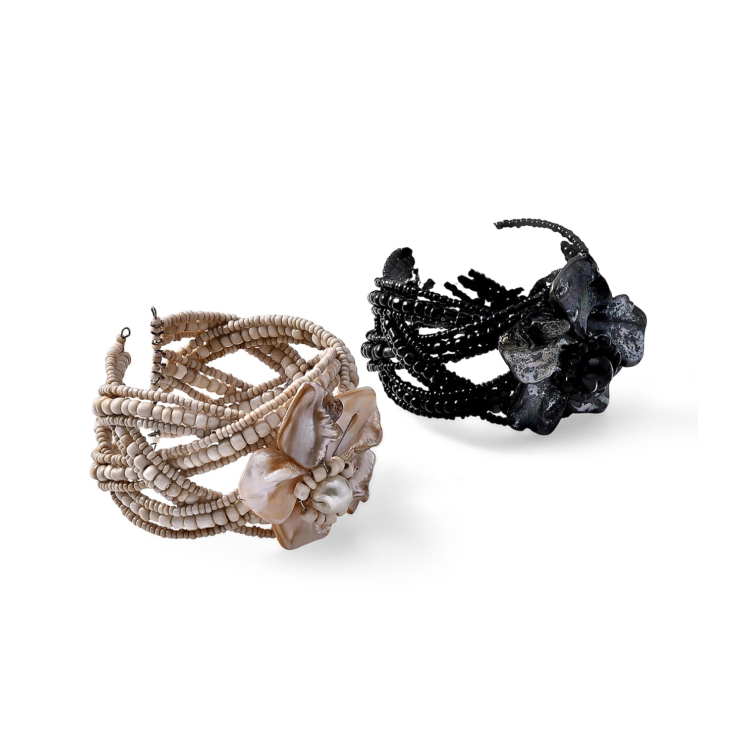 Set of 2 Black and Brown Seed Beaded Cuff Bracelet with Shell Flower (All size)