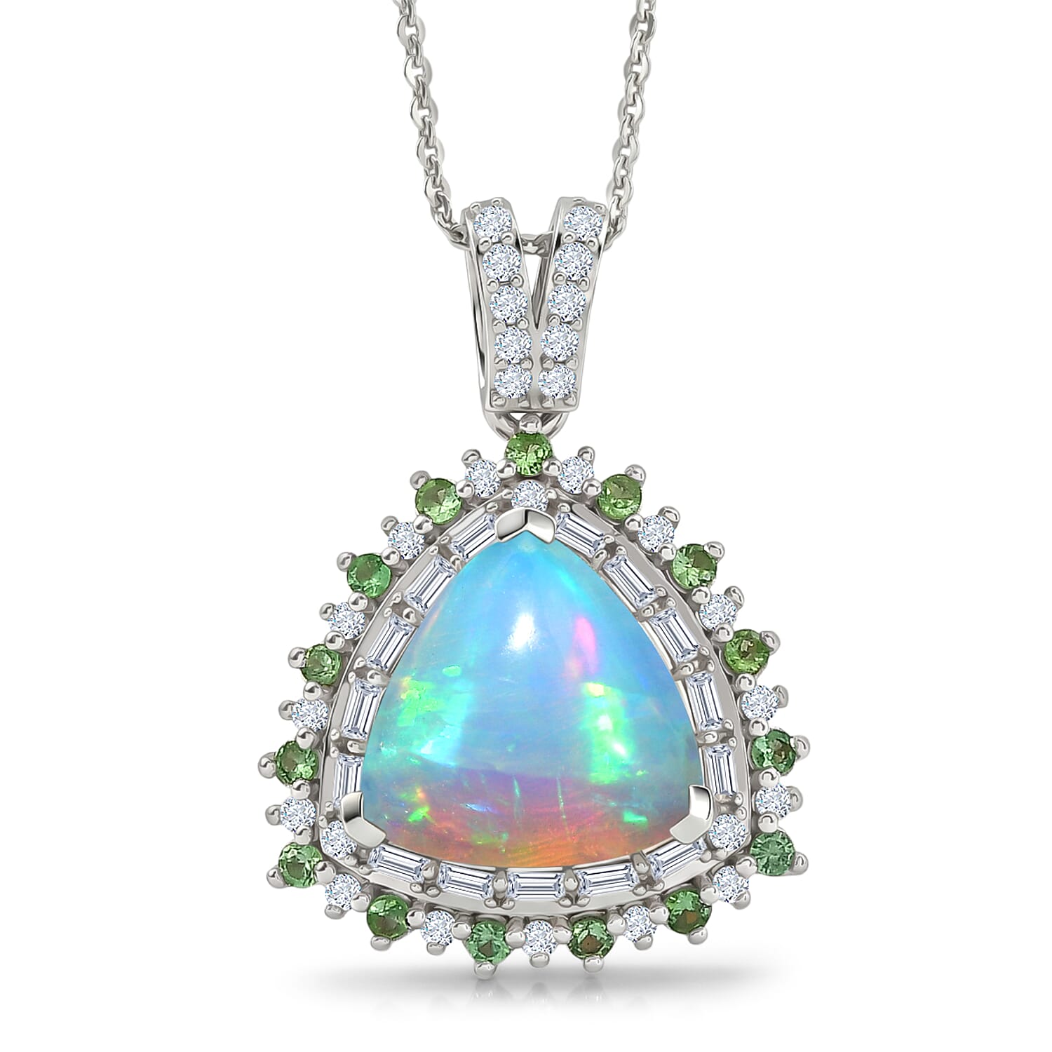 D'Joy Premium Ethiopian Welo Opal and Multi Gemstone 5.50 ctw Royal Sunburst Pendant Necklace in Rhodium Over Sterling Silver 20