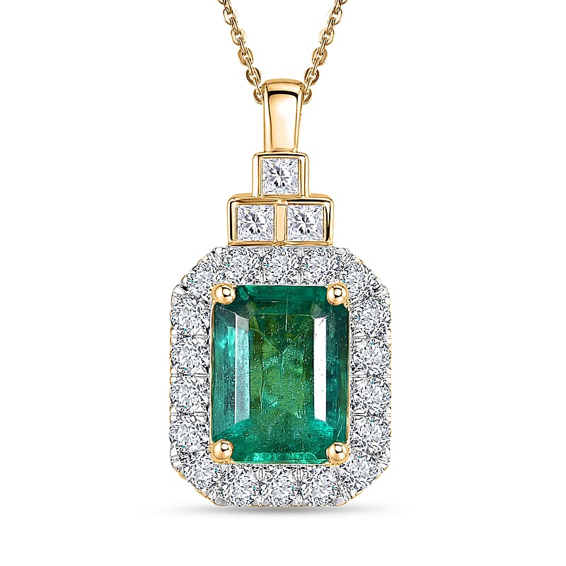 Certified & Appraised Luxoro AAA Kagem Zambian Emerald and Diamond I2 2.10 ctw Pendant Necklace in 10K Yellow Gold 20 Inches