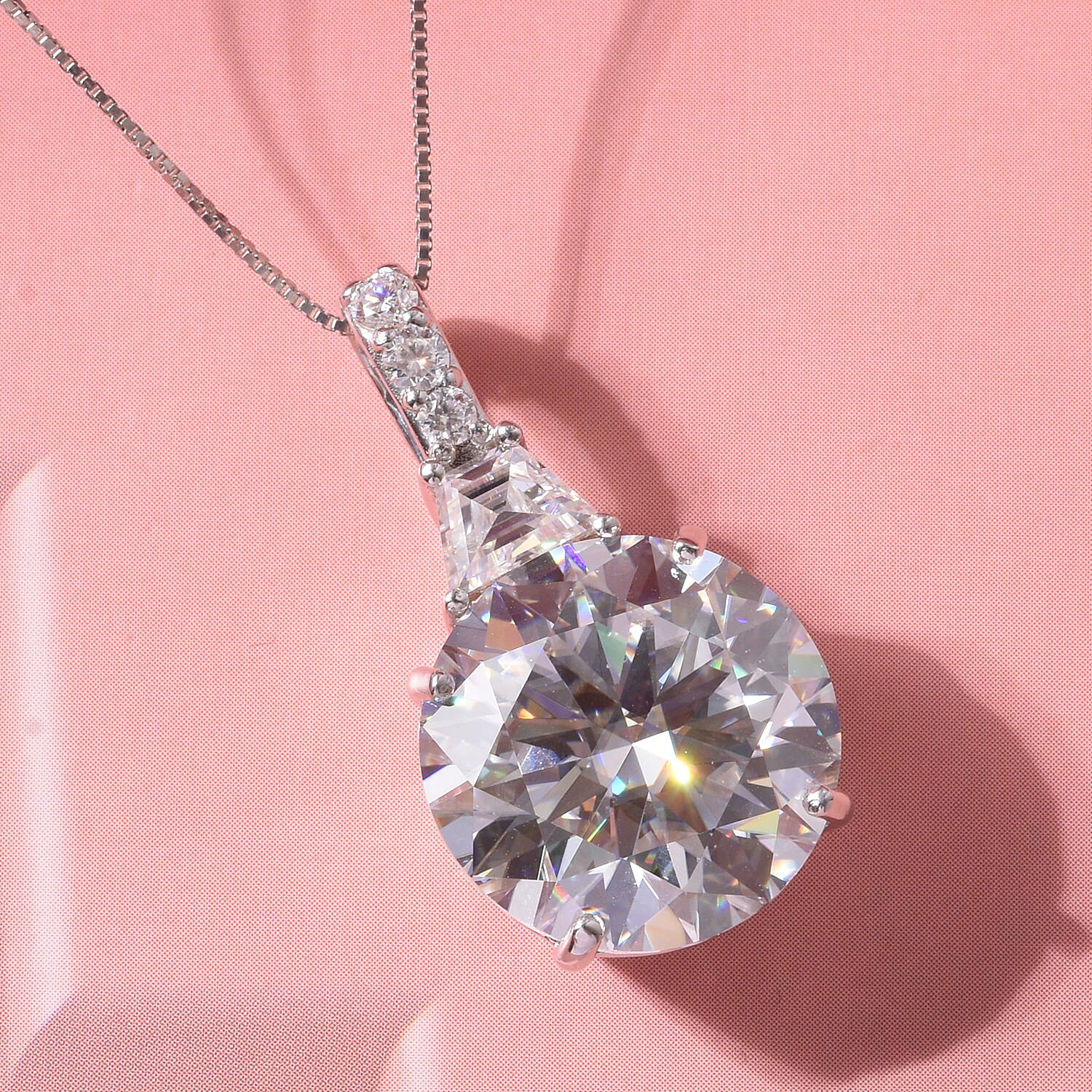D'Joy Moissanite 10.60 ctw Timeless Brilliance Pendant Necklace in Rhodium Over Sterling Silver 18 Inches