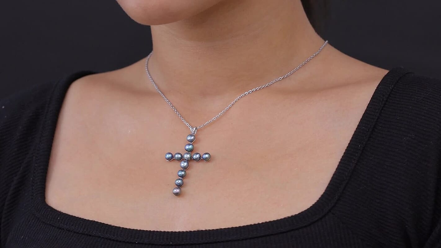 EverTrue Freshwater Peacock Pearl Heavenly Cross Pendant in Platinum Bond with Stainless Steel Necklace (20 Inches)
