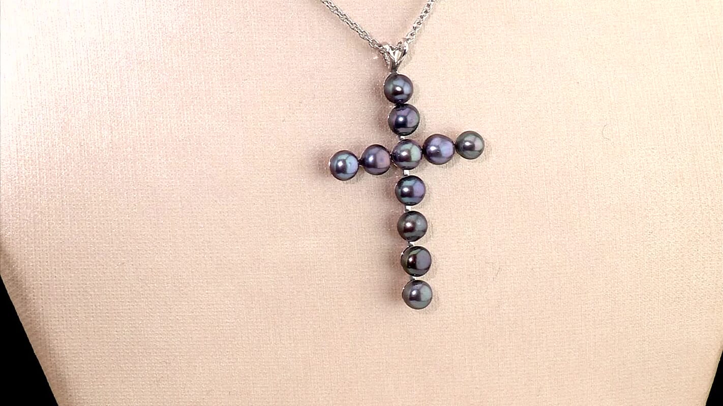 EverTrue Freshwater Peacock Pearl Heavenly Cross Pendant in Platinum Bond with Stainless Steel Necklace (20 Inches)