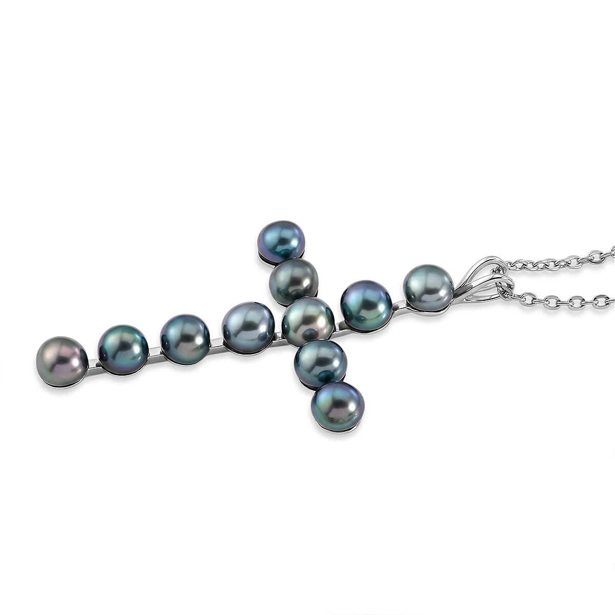 EverTrue Freshwater Peacock Pearl Heavenly Cross Pendant in Platinum Bond with Stainless Steel Necklace (20 Inches) image number 3