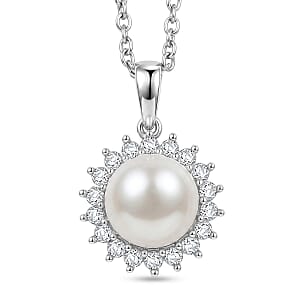 EverTrue Freshwater Pearl and Moissanite 0.40 ctw Starlight Pearl Pendant in Platinum Bond with Stainless Steel Necklace (20 Inches)