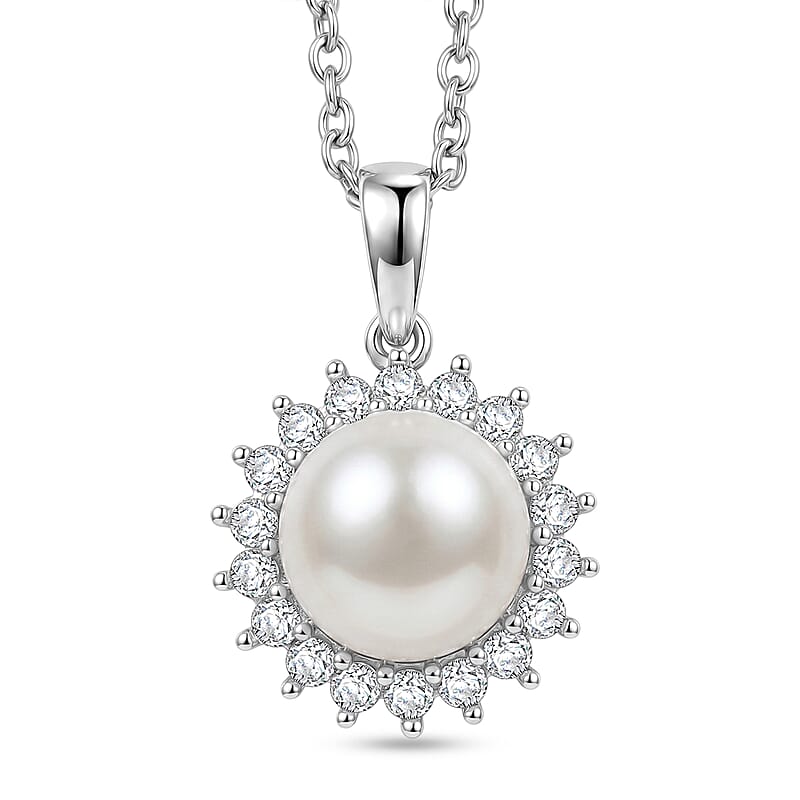 EverTrue Freshwater Pearl and Moissanite 0.40 ctw Starlight Pearl Pendant in Platinum Bond with Stainless Steel Necklace (20 Inches)