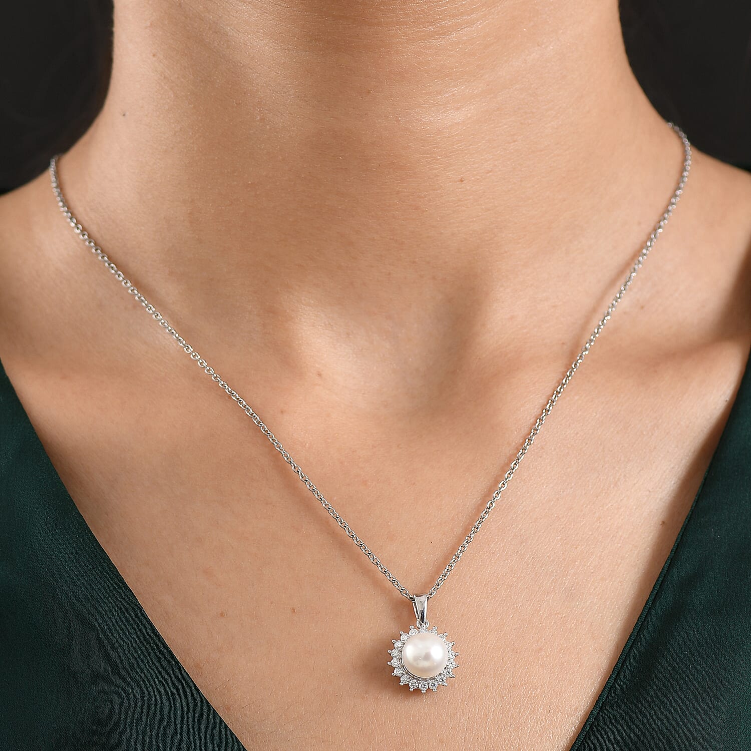EverTrue Freshwater Pearl and Moissanite 0.40 ctw Starlight Pearl Pendant in Platinum Bond with Stainless Steel Necklace (20 Inches)