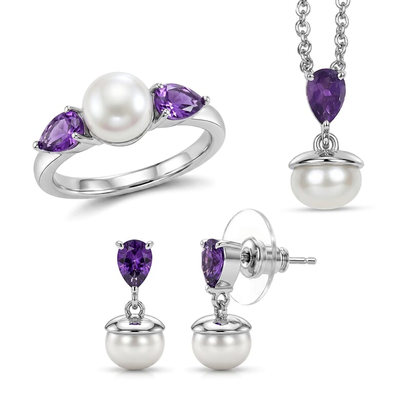 EverTrue Freshwater Pearl, African Amethyst 2.00 ctw Twilight Bloom Earrings, Ring (Size 5) and Pendant in Platinum Bond with Stainless Steel Necklace (20 Inches)