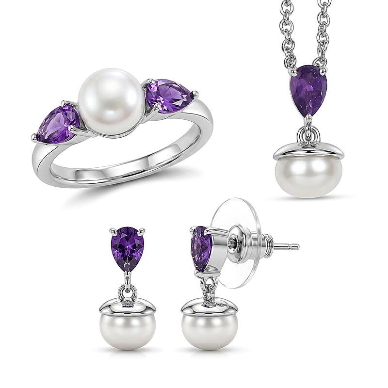 EverTrue Freshwater Pearl, African Amethyst 2.00 ctw Twilight Bloom Earrings, Ring (Size 5) and Pendant in Platinum Bond with Stainless Steel Necklace (20 Inches)