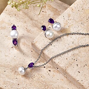 EverTrue Freshwater Pearl, African Amethyst 2.00 ctw Twilight Bloom Earrings, Ring (Size 5) and Pendant in Platinum Bond with Stainless Steel Necklace (20 Inches)